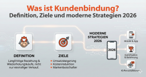 Infografik zum Blogbeitrag "Was ist Kundenbindung?": Visualisiert die Definition (langfristige Beziehung), zentrale Ziele (Umsatzsteigerung, Kostenreduktion) und moderne Strategien für 2026 wie Mobile Apps, Gamification und KI-Personalisierung.