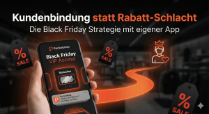 Beitragsbild zur Black Friday Strategie: Ein Smartphone zeigt eine Pocketshop-App mit "VIP Access" und einem digitalen Rubbellos. Im Hintergrund ein dunkler Laden mit Rabattschildern und ein leuchtender Pfad, der zu einem loyalen Kunden führt. Text: "Kundenbindung statt Rabatt-Schlacht".