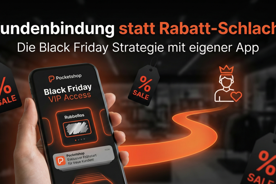 Beitragsbild zur Black Friday Strategie: Ein Smartphone zeigt eine Pocketshop-App mit "VIP Access" und einem digitalen Rubbellos. Im Hintergrund ein dunkler Laden mit Rabattschildern und ein leuchtender Pfad, der zu einem loyalen Kunden führt. Text: "Kundenbindung statt Rabatt-Schlacht".