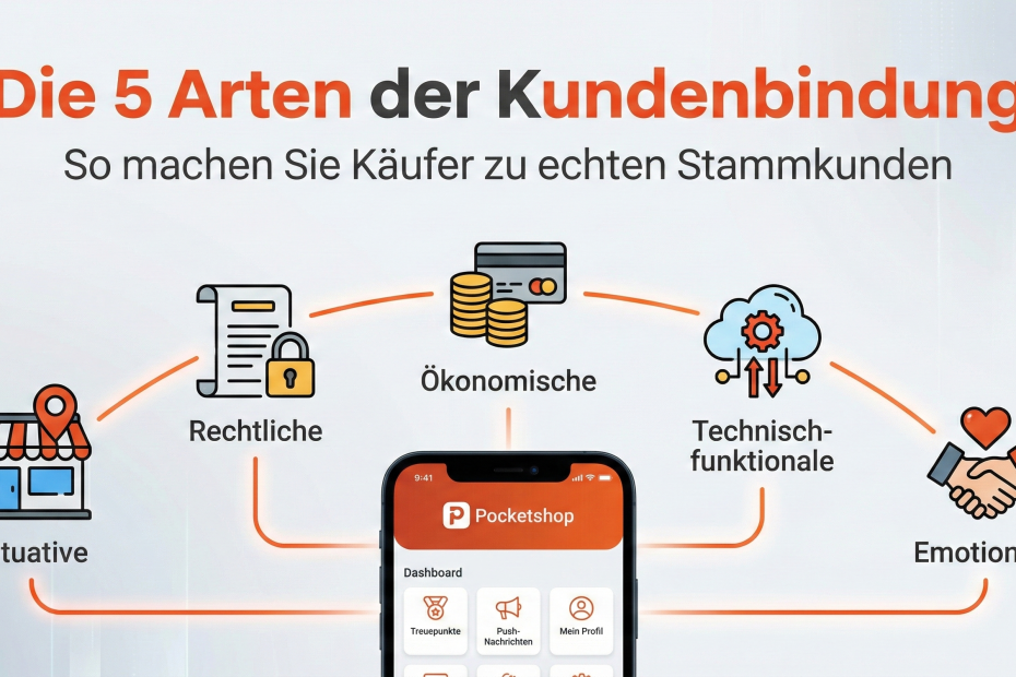 Infografik visualisiert die 5 Arten der Kundenbindung: Situativ, rechtlich, ökonomisch, technisch und emotional – alle verbunden durch eine zentrale Pocketshop Smartphone-App.